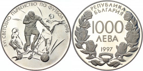Bulgaria 1000 Leva 1997
KM# 233; Silver 23.33g; 16th World Football Championship, France, 1998: Footballer in Attack; Proof