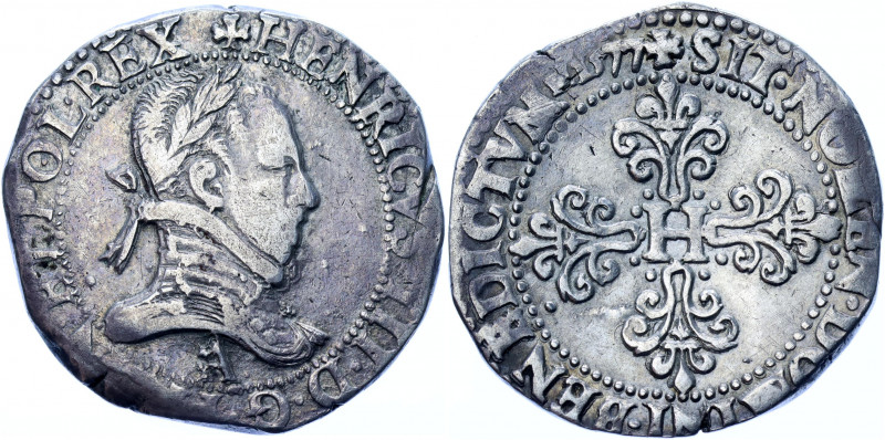 France 1 Franc 1577 A
Dy# 1130; Silver 13.76 g.; Henry III; Mint: Paris; XF-AUN...