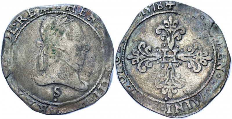 France 1 Franc 1578 S
Dy# 1130; Silver 13.84 g.; Henry III; Mint: Troyes; VF-XF