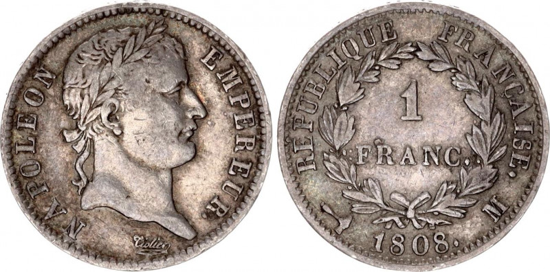 France 1 Franc 1808 M
KM# 682; Silver; Napoleon I; VF/XF