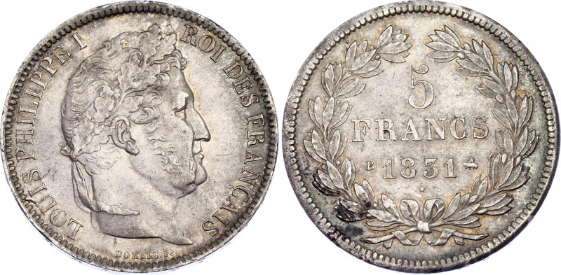 France 5 Francs 1831 B
KM# 745.2; Silver; Louis-Philippe I; XF/AUNC