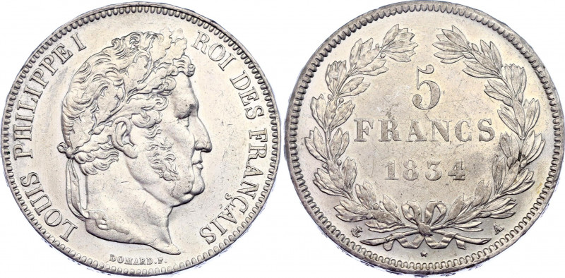 France 5 Francs 1834 A
KM# 749; Silver; Louis-Philippe I; AUNC with minor hairl...