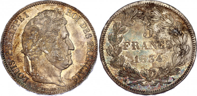 France 5 Francs 1834 A
KM# 749.1; Silver; Louis-Philippe I; AUNC with nice toni...