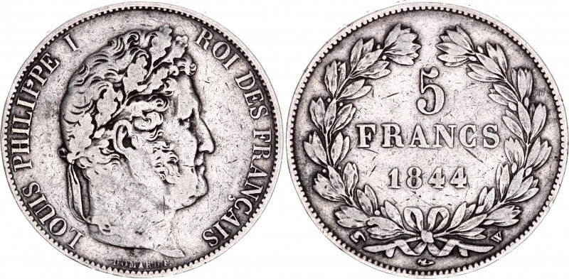 France 5 Francs 1844 W
KM# 749.13; Silver; Louis-Philippe I; VF+