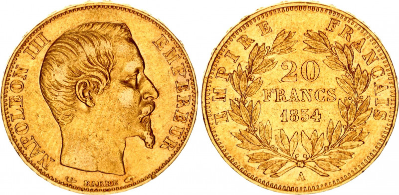 France 20 Francs 1854 A
KM# 781.1; Gold (.900), 6.45g.; Napoleon III; 2nd Empir...