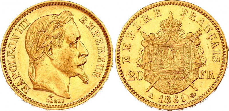 France 20 Francs 1861 A
KM# 801.1; F. 532. Gold (.900), 6.45g. Napoleon III. AU...