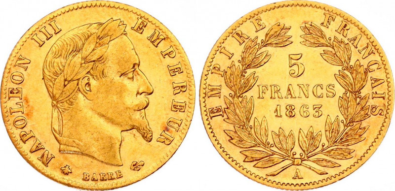 France 5 Francs 1863 A
KM# 803.1; F. 502. Gold (.900), 1.61g. Napoleon III. XF.