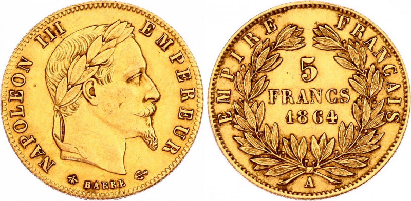 France 5 Francs 1864 A
KM# 803.1; F. 502. Gold (.900), 1.61g. Napoleon III. XF.