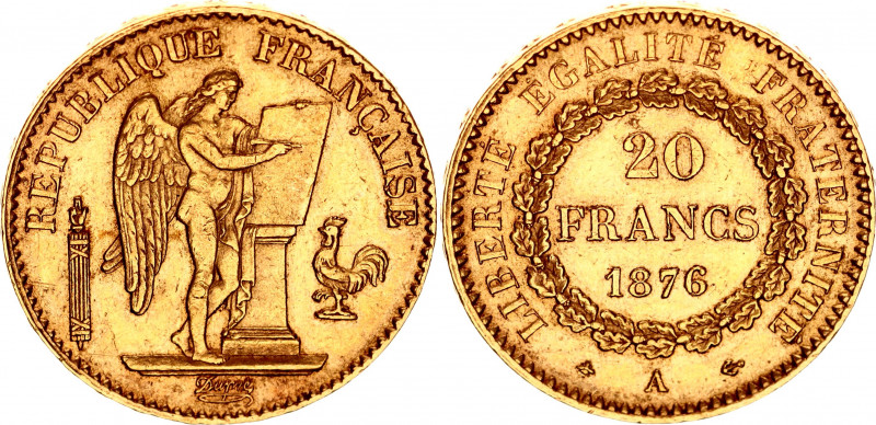 France 20 Francs 1876 A
KM# 825; Gold (.900) 6.45 g., 21 mm.; XF+