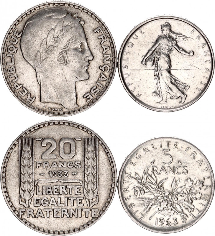 France 5 & 20 Francs 1933 - 1963
KM# 879, 926; Silver; UNC