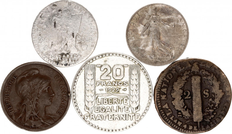 France Lot of 5 Coins 1792 - 1929
With Silver; Various Dates & Denominations; F...