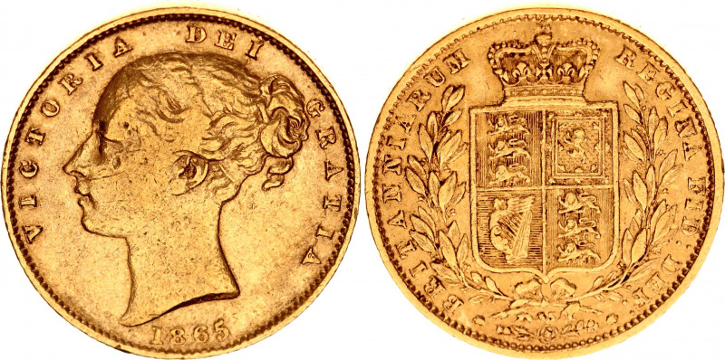 Great Britain 1 Sovereign 1865
KM# 736; Gold (.916) 7.99 g., 22 mm.; Victoria; ...