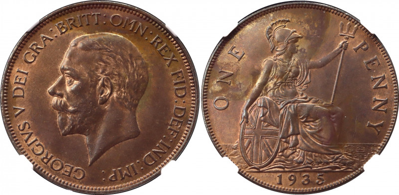 Great Britain 1 Penny 1935 NGC MS 64 RB
KM# 838; Bronze; George V