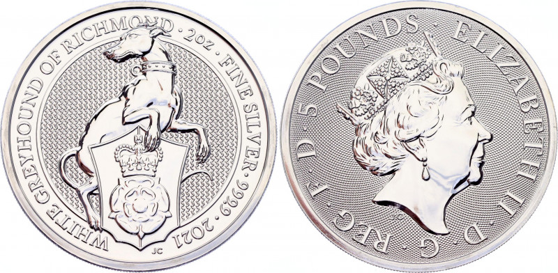 Great Britain 5 Pounds 2021
Silver (.999) 62.42g 38.61mm; The Queen's Beasts - ...