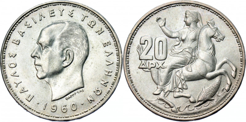 Greece 20 Drachmai 1960
KM# 85, Schön# 25; Silver 7.48g; Paul; UNC, With Full M...