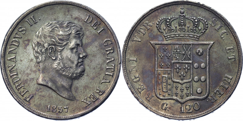 Italian States Naples 120 Grana 1857
KM# 370; Silver 27.50g.; Ferdinando II; Ni...