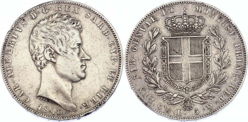 Italian States Sardinia 5 Lire 1840 P
KM# 130; Silver; Genoa Mint; Carlo Albert...