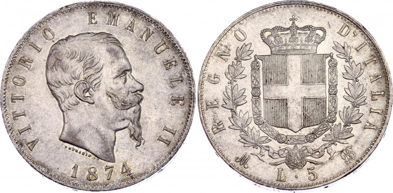 Italy 5 Lire 1874 M BN
KM# 8.3; Silver; Vittorio Emmanuele II; XF/AUNC