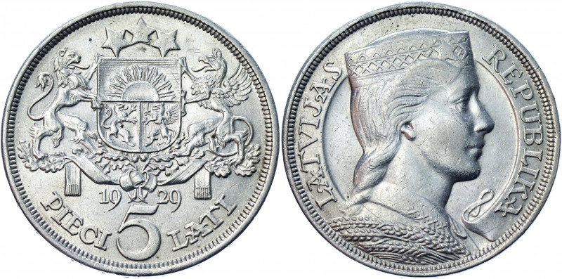 Latvia 5 Lati 1929
KM# 9; Silver 25.00 g.; 1st Republic; AUNC-UNC