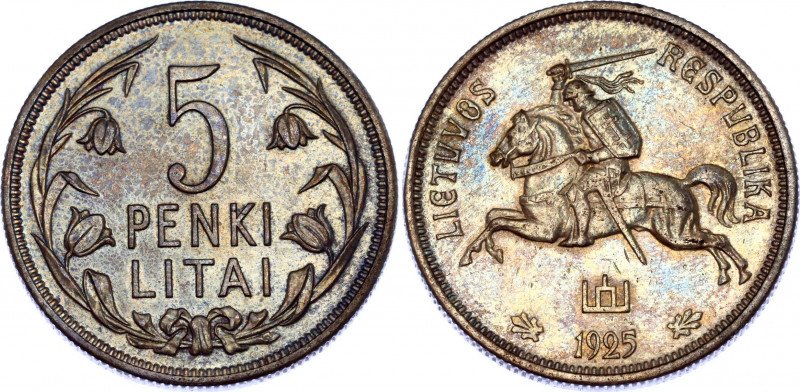 Lithuania 5 Litai 1925
KM# 78; Silver; AUNC with amazing toning