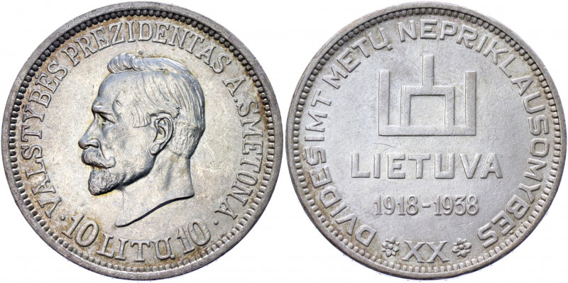 Lithuania 10 Litu 1938 Commemorative Issue
KM# 84; Silver 17.86 g.; 20th Annive...