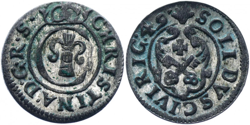 Livonia Solidus / Szeląg 1649 Swedish Occupation
KM# 21; Haljak# 1432; Silver 0...