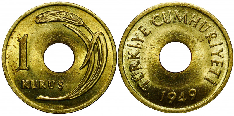 Turkey 1 Kurus 1949
KM# 881; Brass 18.5mm; Burning Mint Luster; Rare in this Co...