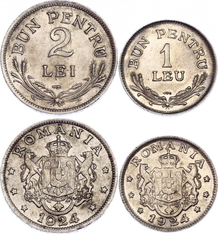 Romania 1 & 2 Lei 1924
KM# 46, 47; Poissy Mint; Ferdinand I; AUNC