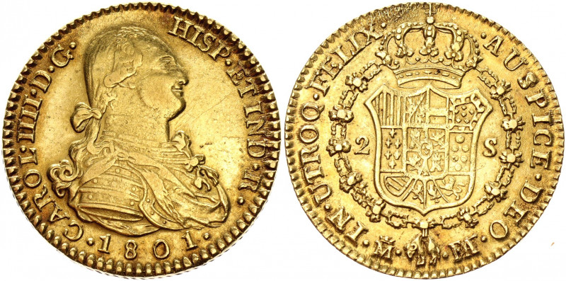 Spain 2 Escudos 1801 FA/MF
KM# 435.1; Gold (.875) 6.79 g.; Charles IV; XF-AUNC