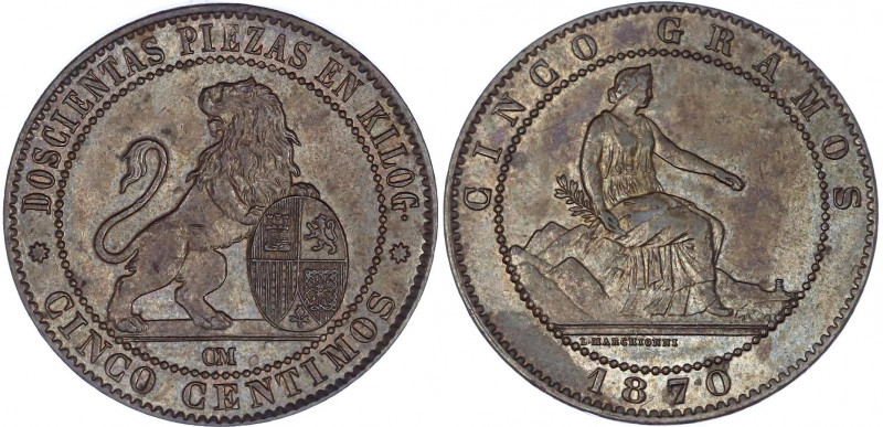 Spain 5 Centimos 1870 OM
KM# 662; Provisional Government; XF+ with nice toning