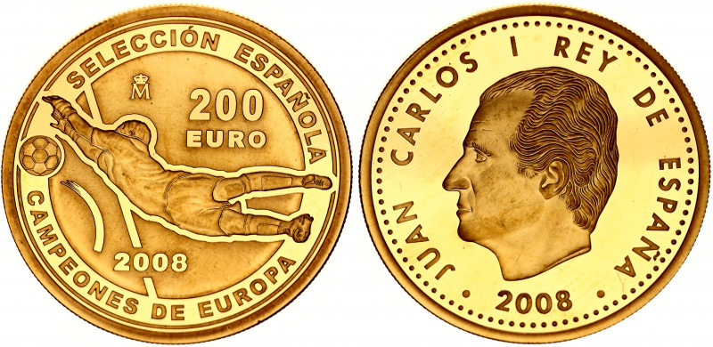 Spain 200 Euro 2008
KM# 1191; Gold (.999) 13.5 g., 30 mm., Proof; Soccer Europe...