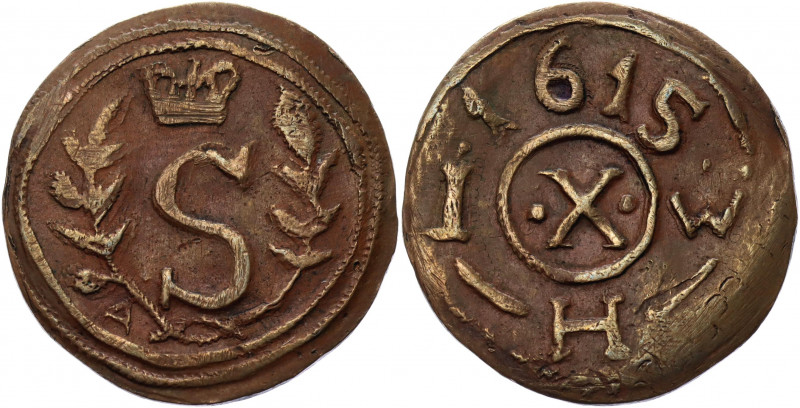 Sweden Сounting Token 1615
Copper 5.54 g.; Obv: Crowned "S" / Rev: I-H-W X 1615...