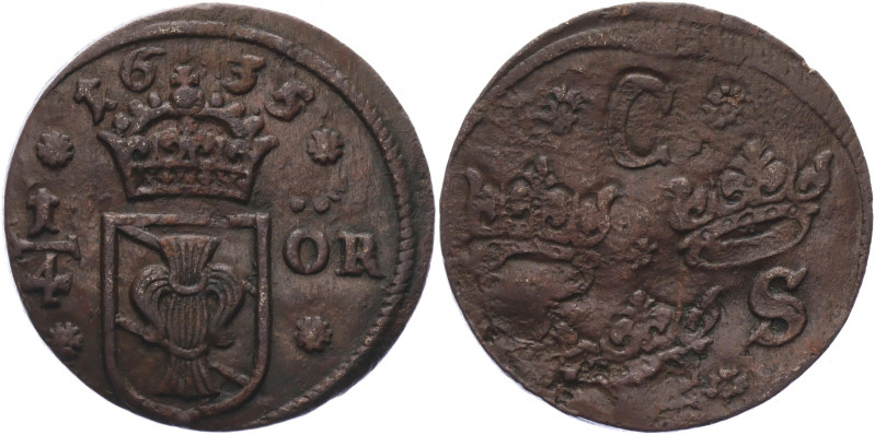 Sweden 1/4 Ore 1635
KM# 152.2; Copper 10.12 g.; Kristina; Mint: Nykoping or Sat...