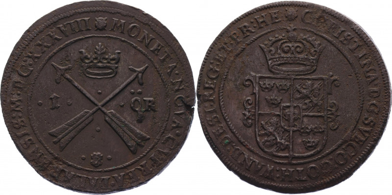 Sweden 1 Ore 1638 MDCXXXVIII
KM# 161; Ahlstr# 105b; Copper 51.23 g.; Kristina; ...