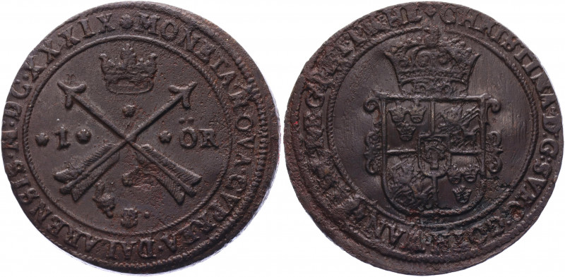 Sweden 1 Ore 1639 MDCXXXIX
KM# 161; Ahlstr# 105; Copper 43.95 g.; Kristina; Min...