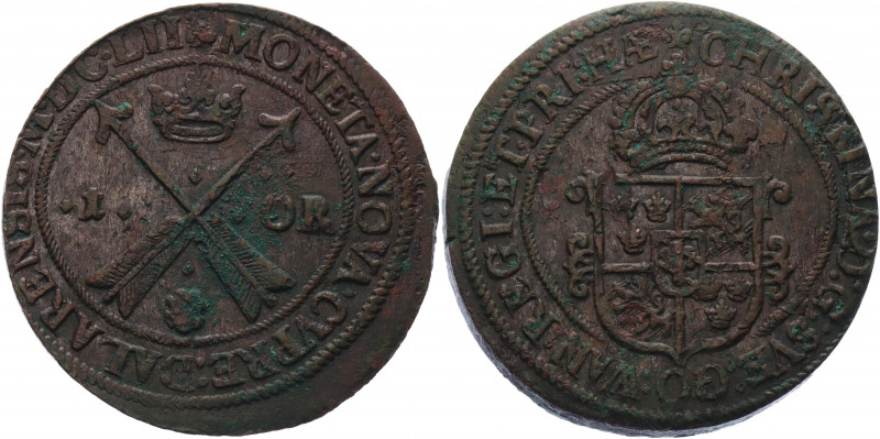 Sweden 1 Ore 1654 MDCLII
KM# 162.2; Ahlstr# 117; Copper 48.14 g.; Kristina; Min...