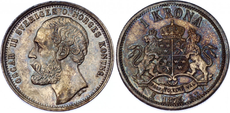 Sweden 1 Krona 1875 ST
KM# 741; Silver; Oscar II; AUNC with beautiful toning