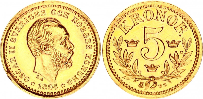 Sweden 5 Kronor 1894 EB
KM# 756; Gold (.900) 2.24 g., 16 mm.; Oscar II; Mintage...