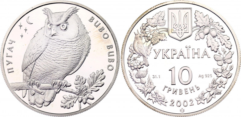 Ukraine 10 Hryven 2002
KM# 229; Silver, Proof; Eagle Owl; Mintage 3000 pcs