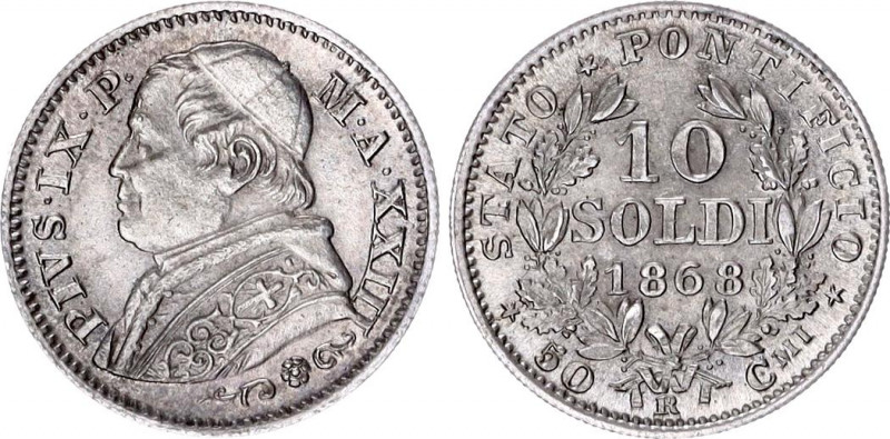 Vatican 10 Soldi 1868 R
KM# 1386; Silver; Pio IX; UNC