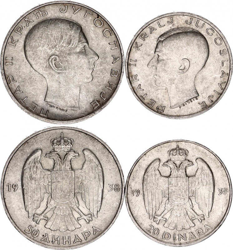 Yugoslavia 20 & 50 Dinara 1938
KM# 23, 24; Silver; Petar II