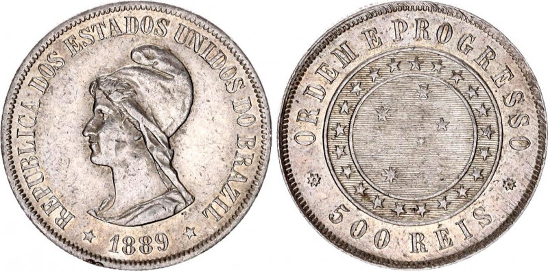 Brazil 500 Reis 1889
KM# 494; Silver; XF+, mint luster remains