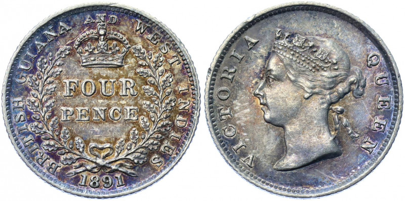 British Guiana 4 Pence 1891
KM# 26; Silver 1.88g.; Victoria; Nice violet patina...