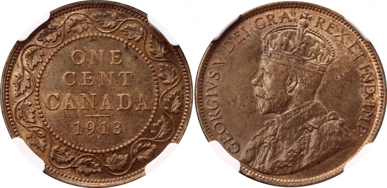 Canada 1 Cent 1913 NGC MS 63 BN
KM# 21; With "DEI GRA"; Bronze; George V