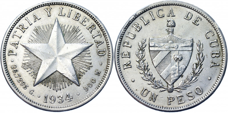 Cuba 1 Peso 1934
KM# 15.2; Silver 26.80 g.; XF-AUNC