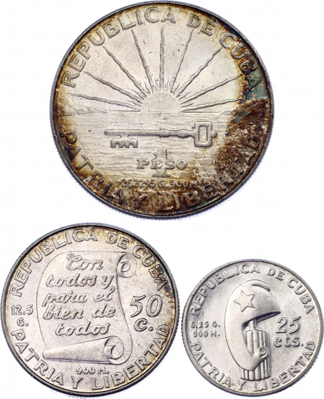 Cuba 25 - 50 Centavos - 1 Peso 1953
KM# 27, 28, 29; Silver; 100th. Anniversary ...