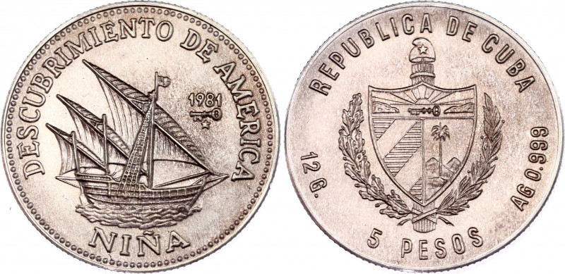 Cuba 5 Pesos 1981
KM# 71; Silver; Discovery of America – "Niña"; UNC