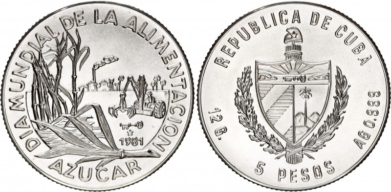 Cuba 5 Pesos 1981
KM# 78; Silver; FAO Series – Sugar Production; UNC