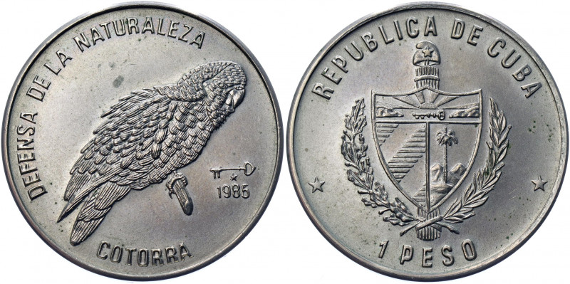 Cuba 1 Peso 1985
KM# 183; Copper-Nickel 11.26g.; Parrot perched on branch right...