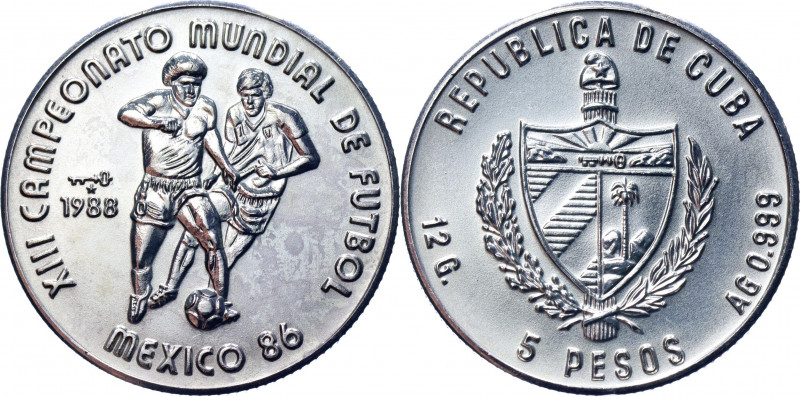 Cuba 5 Pesos 1988
KM# 185, JMA# AAEE148; Silver 15g; 13th. FIFA World Champions...